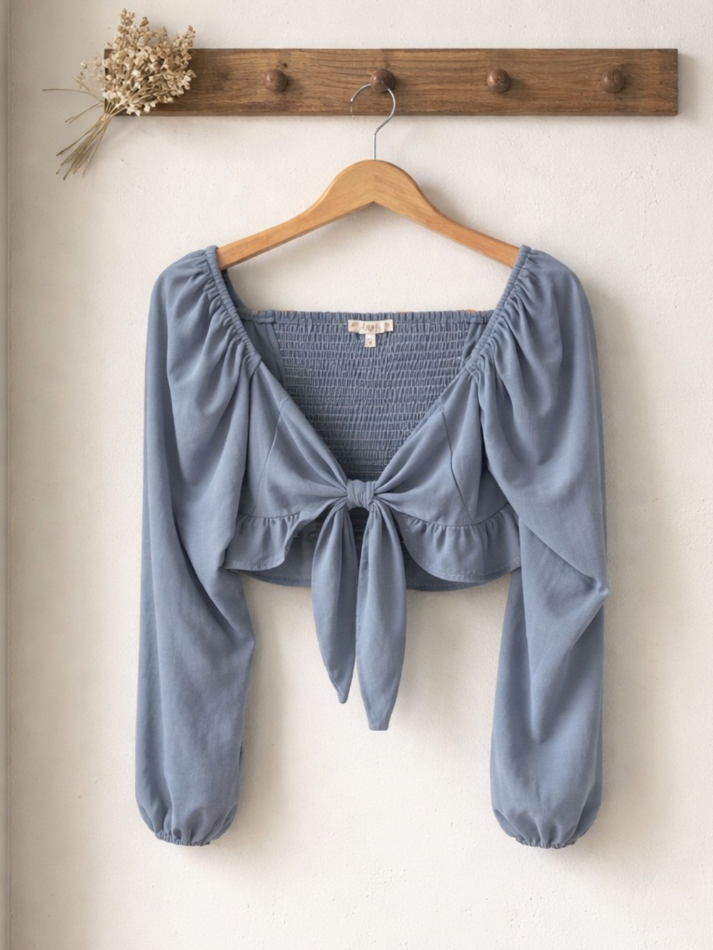 Tie-Front Smocked Crop Top in Dusty Blue